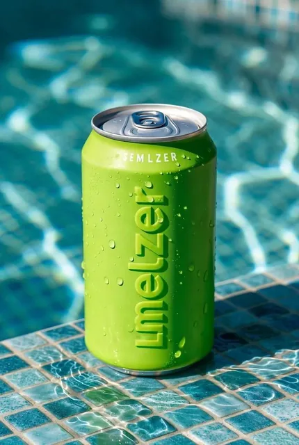 An ultra-detailed macro shot of a vibrant, ice-cold lime seltzer can resting on a wet, sun-drenched pool deck. Water beads cling to the can's matte surface, and a strong shadow defines the ground, creating a summer commercial aesthetic with a vibrant color palette.