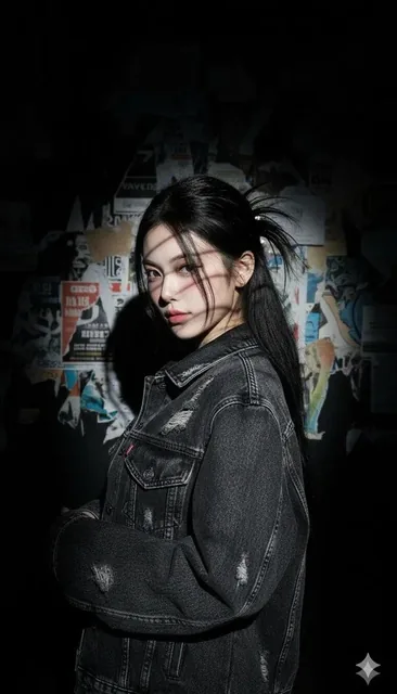 An ultra-detailed UHD portrait of a woman with an unchanged face, striking a cool, confident pose under a harsh flash that illuminates her pale skin and pushes the background into darkness. She wears a washed-black denim jacket with worn texture, and her hair is clipped up with loose strands casting