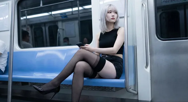 A photorealistic portrait of a stunning Japanese woman with platinum silver hair sitting elegantly on a subway bench, wearing a chic all-black outfit with thigh-high stockings and holding a smartphone, captured in cinematic lighting with shallow depth of field.