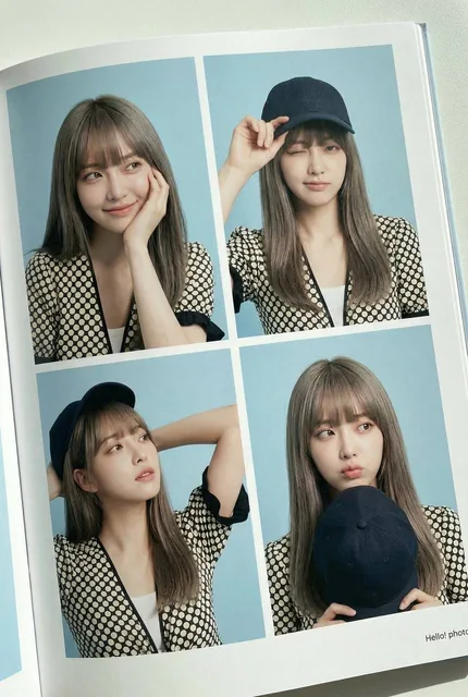 A hyper-realistic photobook spread showing a 2x2 grid of four sequential portrait photos of the same person in different interactive poses, printed on matte paper with visible texture and realistic lighting, creating a closed gaze loop between frames.