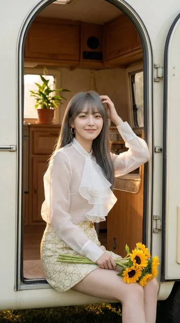 A young woman with dark brown wavy hair sits in the doorway of a vintage cream-colored camper, smiling softly and holding a bouquet of sunflowers. She wears a white voluminous-sleeve shirt and light blue jeans, bathed in warm golden hour sunlight with a softly blurred background.