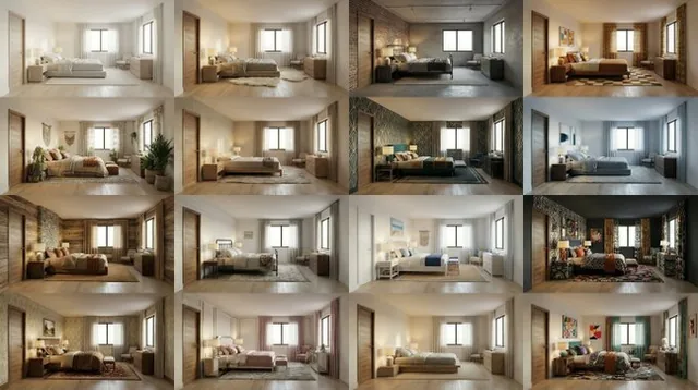 A professional 4x4 grid of architectural photographs showing the same room layout transformed through 16 distinct interior design styles, with identical furniture placement and spatial composition, shot with a 24mm tilt-shift lens from a consistent 3/4 angle.