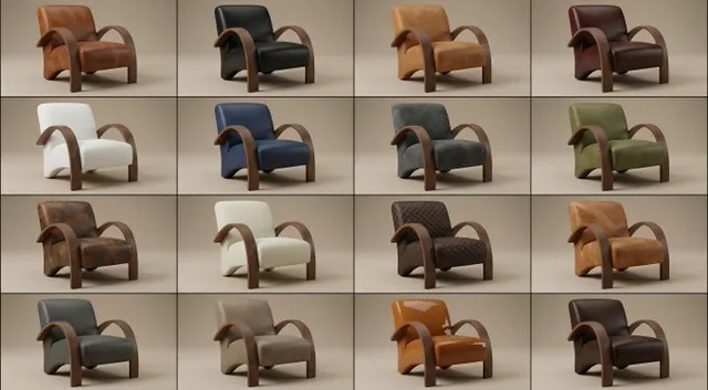 A 4x4 grid showing 16 identical 3D renders of a curved mid-century modern chair, each with a different material applied, including velvet, leather, wood, marble, rattan, metals, and lacquer, demonstrating material versatility in product design.