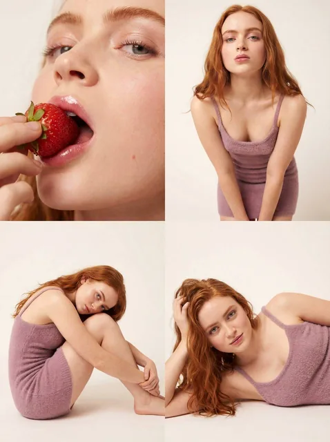 An ultra-photorealistic 8K portrait of a young woman with long wavy hair and dewy skin, wearing a soft mauve knit mini dress, captured in a studio with ray-traced lighting. The image shows multiple panels including a macro shot of her eating a strawberry, a medium shot with a direct gaze, and a seat