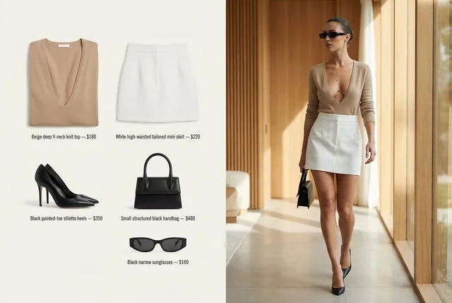 A refined fashion editorial image split into two sections. The right side shows a confident woman in a modern architectural space wearing a deep V-neck top, white skirt, and black heels. The left side displays a minimalist product breakdown of her outfit with price tags, presented like a luxury cata