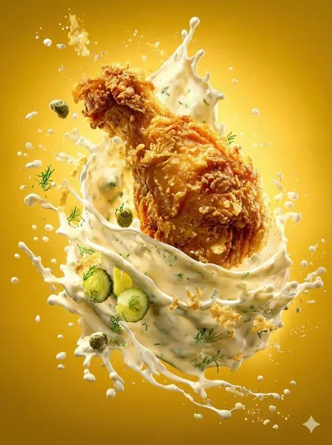 A hyper-realistic commercial food photography series featuring a fried chicken thigh in midair, surrounded by dynamic splashes of various gourmet sauces like tartar, white truffle, smoked cheese, and miso butter, with cinematic studio lighting against colored backgrounds.