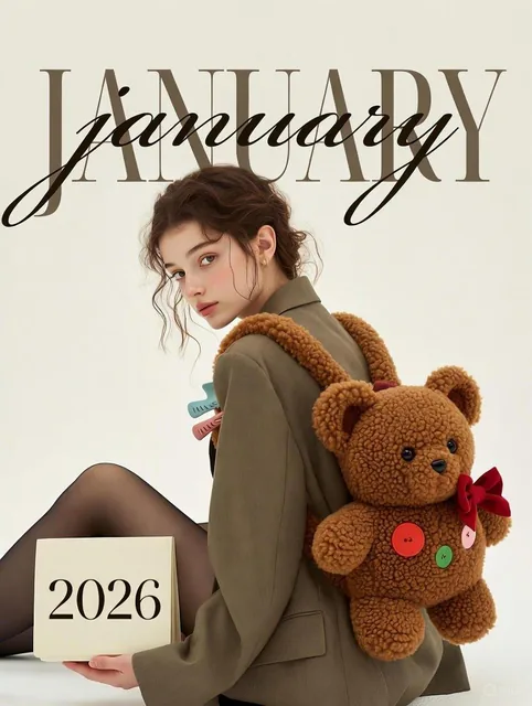 An ultra-realistic 4K fashion editorial image featuring a young woman sitting on a white floor in the bottom-right corner, wearing an oversized olive-brown blazer and sheer black tights. She holds a cream cardstock calendar card reading '2026' and wears a large fuzzy brown shearling teddy bear backp