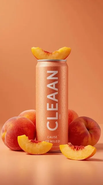 An ultra-realistic product photo of a tall chilled aluminum can labeled 'CLEAN CAUSE' in a matte peach-orange color, covered in fine condensation droplets. It is surrounded by fresh ripe peaches and peach wedges on a seamless warm peach background, with soft studio lighting creating crisp highlights