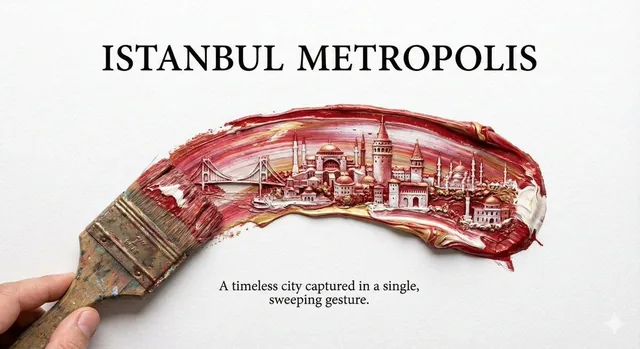 A hyper-realistic 8K image showing a dynamic brushstroke painting a refined curve from lower left to upper right. Inside the thick impasto oil paint stroke lies a highly detailed miniature 3D bas-relief model of Istanbul, featuring iconic landmarks and architecture. The composition is minimalist wit