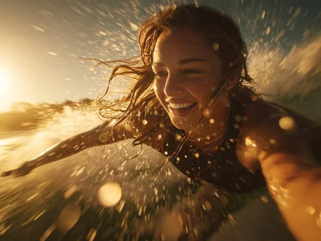 A person experiencing a cinematic burst of liberation, flying with arms wide open. Hair whips across a laughing face as clothes are pressed back by speed. Golden hour light explodes through the motion with lens flares and shallow depth of field, capturing raw emotion and fine film grain details.