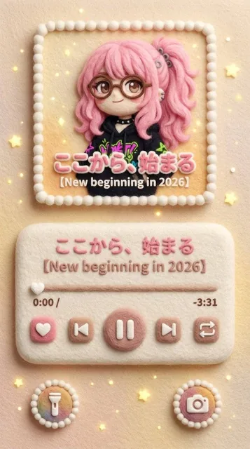 A smartphone lock screen interface designed entirely in a soft, handcrafted felt aesthetic, featuring a music player with a felt album art display, embroidered text reading 'A New Beginning in 2026', and fluffy control buttons, all set against a felt-textured background that matches the color palett