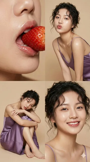 A photorealistic fashion editorial portrait of a young Chinese woman with dewy glass skin and tousled dark curly hair, wearing a delicate purple silk slip nightgown. The composite image features multiple poses including biting a strawberry, smiling, and hugging her knees, set against a minimalist be
