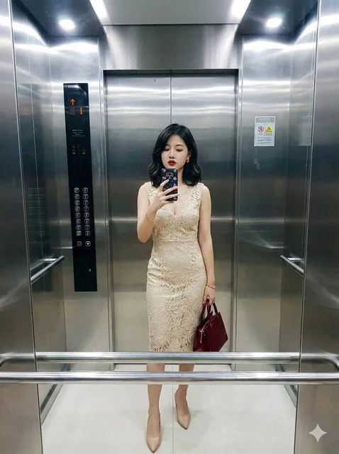 A photorealistic image of a 20-year-old Chinese woman taking a full-body mirror selfie inside a stainless steel elevator. She wears a form-fitting champagne lace dress, holds a dark red handbag, and has bold red lipstick. The scene captures the authentic, slightly imperfect quality of an older Andro