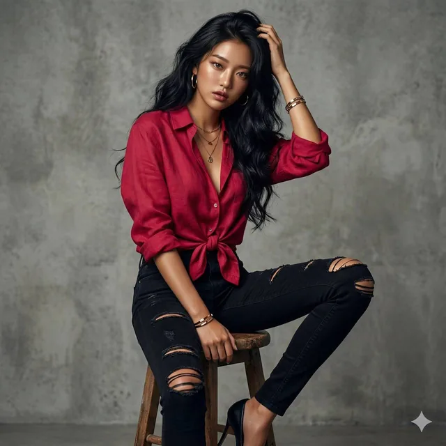 A hyper-realistic editorial portrait of a stunning woman with long dark wavy hair, wearing a vibrant crimson shirt and black jeans, sitting confidently on a rustic stool against a grey concrete wall under dramatic studio lighting.