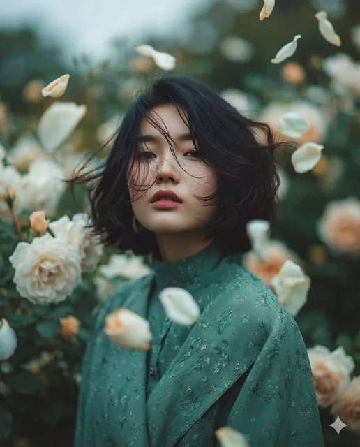 A dreamy fine-art portrait of a young woman with short dark hair in a muted teal floral dress, standing in a lush blooming garden with white and peach petals floating in the air, captured with soft natural light and a shallow depth of field.