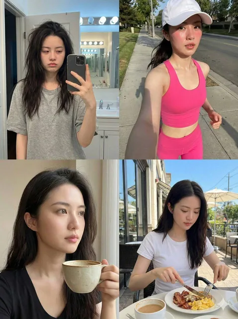 A series of four realistic images of a woman based on an uploaded photo, depicting morning wake-up, running, coffee break, and breakfast.