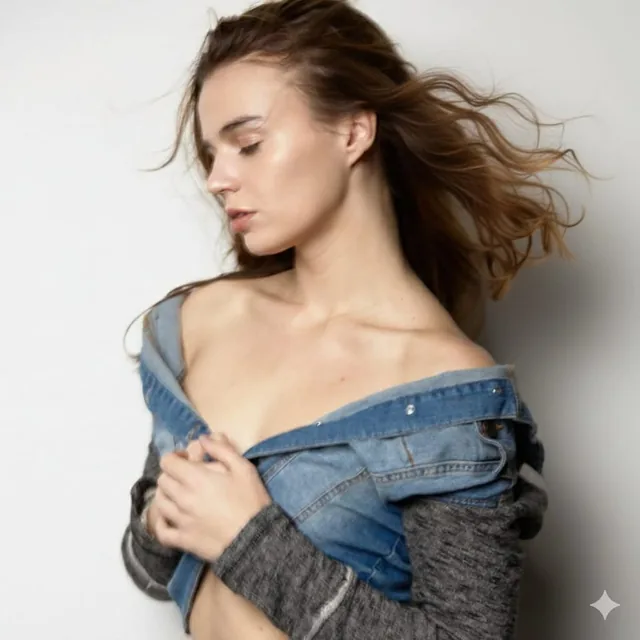 A soft-focus intimate studio portrait of a young woman in profile, looking down as she opens a blue denim jacket with grey knit sleeves, revealing her shoulders and midriff, with wind-blown hair against a plain white background, shot on an 85mm lens with natural film grain texture.