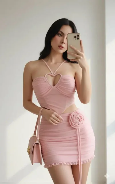A realistic portrait of a woman in a well-lit indoor setting with soft natural light from a side window. She holds a phone near her face in a mirror selfie pose while her other arm holds a shoulder bag. She wears a soft pink heart-shaped bandeau top against a minimalist white wall background.