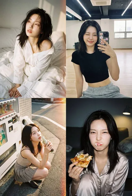 A 2x2 seamless collage of a K-pop idol in a pure and alluring 'pure desire' style, featuring four distinct scenes: morning bed, practice sweat, summer street vibe, and night flash fun, with analog film emulation.