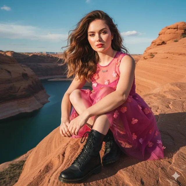 A young woman with long, wavy hair sits on a sandstone cliff in Antelope Canyon, wearing a translucent fuschia tulle dress with floral appliqués and black leather boots. Golden hour light creates warm shadows and a cinematic glow.