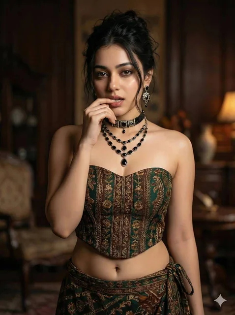 Ultra-realistic portrait of a beautiful Asian woman in dark high-fashion editorial style, wearing ethnic couture, in a luxurious vintage interior, with a sensual gesture, cinematic lighting, and a 3:4 aspect ratio.