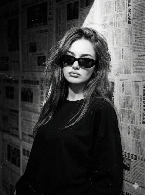 A highly detailed realistic 1970s film noir black and white portrait of a woman, matching reference photo, wearing sunglasses and a black shirt, with dramatic chiaroscuro lighting and newspaper background.
