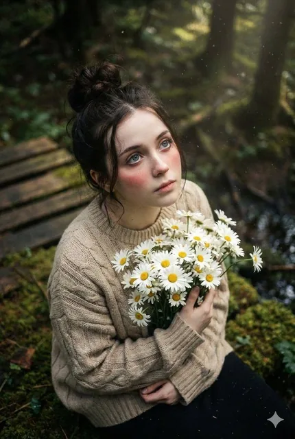 A young woman with a gentle expression looks up from a dark forest floor, holding a large bouquet of white daisies close to her chest. She wears a chunky beige cable-knit sweater, with her dark hair in a messy bun. Soft dappled light filters through the trees, creating a dreamy, cinematic atmosphere