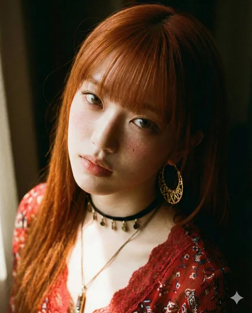 A photorealistic close-up portrait of a person with freckles, featuring heavy film grain and moody chiaroscuro lighting. The subject wears bohemian-style gold jewelry and a red patterned top, with soft directional window light creating warm tones and deep shadows.