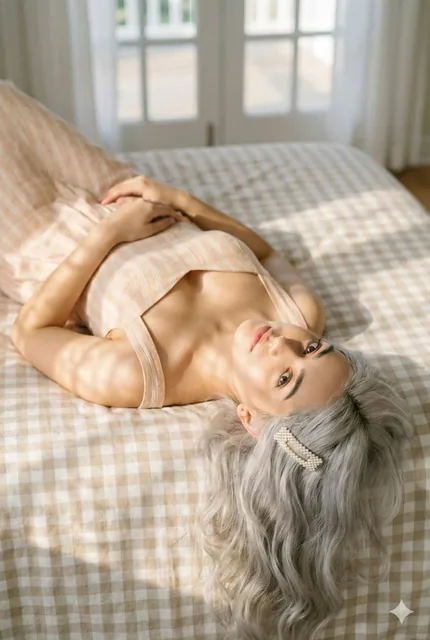 An ultra-photorealistic portrait of a young woman with platinum silver hair lying on a beige gingham bedspread, bathed in soft dappled sunlight from a window, with a dreamy expression and sharp focus on her eyes.