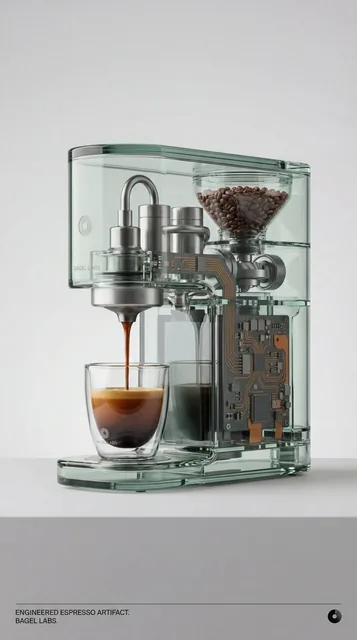 A transparent glass coffee machine and matching cup, showcasing internal circuitry and coffee extraction, presented on a minimalist pedestal with studio lighting.
