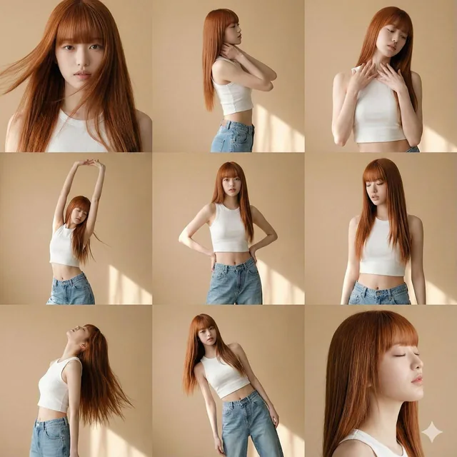 A 3x3 grid of ultra-photorealistic editorial portraits of the same person, captured with a Fujifilm X-T5 camera and Classic Negative film simulation. The subject is in a warm, minimal studio, wearing a white tank top and light-wash jeans, captured in fluid motion poses with natural hair movement. Ea