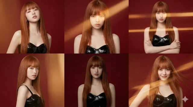 A series of ultra-photorealistic editorial portraits of a woman in a glossy black bustier against a deep red seamless paper background, featuring warm amber light leak motion streaks across the frame, captured with an 85mm lens and cinematic lighting.