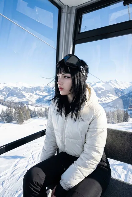 A candid raw lifestyle photograph of a young woman with pale porcelain skin and black wolf-cut hair sitting inside a ski gondola, wearing a white puffer jacket and ski goggles. She touches her hair while looking at the camera. Through the large glass window, a sharp panoramic view of snowy Alpine mo