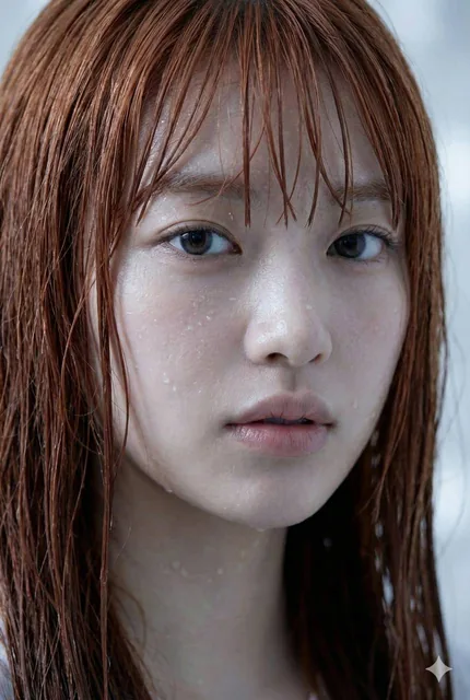 An ultra-photorealistic close-up portrait of a supermodel-level young woman with dark blonde wet hair clinging to her face. She has mesmerizing green-hazel eyes, flawless skin with visible texture and tiny glistening water droplets, set against a light grey bokeh background with soft cinematic light