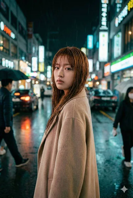 A cinematic street photograph of a young woman with long dark hair in a beige coat, turning her head on a crowded neon-lit city street at night during light rain, with blurred pedestrians and glowing neon signs in the background, captured with shallow depth of field and teal-orange color grading.