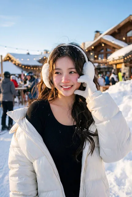 A popular K-Pop idol in a snowy ski resort during golden hour, wearing an open white puffer jacket revealing a black top, with a hand heart gesture and a joyful eye-smile.
