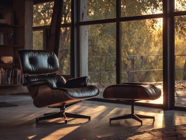A minimalist room featuring a distinct piece of furniture, bathed in the warm, late afternoon sunlight streaming through large windows, creating long shadows and a serene interplay of warm and cool tones, evoking a sense of lived-in luxury.
