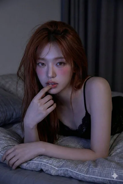 A close-up portrait of a woman lying prone on a bed, her face illuminated by the cool glow of a screen. She gazes intimately at the camera with a sultry expression, finger touching her lips, embodying the 'pure and lusty' aesthetic in a dark, atmospheric bedroom setting.