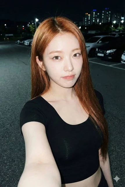 A seductive young woman taking a chest-dominant selfie in a dark parking lot at night, illuminated by a harsh iPhone flash, highlighting her porcelain skin and ample cleavage.