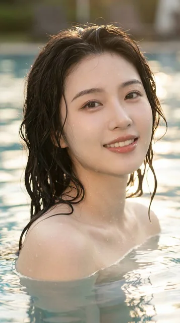 Photorealistic close-up of a stunning Chinese beauty with wet hair in a pool, showcasing exquisite facial features and luminous skin, captured with a Canon EOS R5.