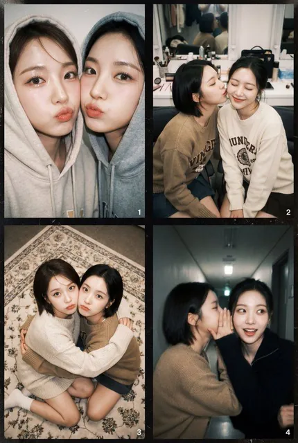 A 2x2 grid artistic film collage featuring two sexy and pure Korean K-pop female idols in a best friends concept. The four panels show close-up cheek-to-cheek shots, a playful kiss on the cheek, a cozy back-hug, and a candid whispering moment, all with heavy film grain, soft focus, and vintage color