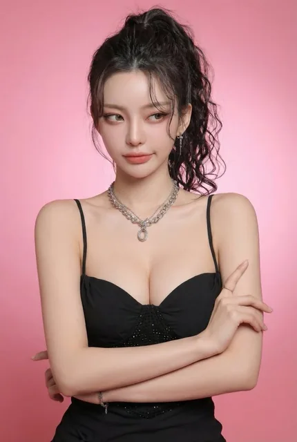 Photorealistic edit of a person, maintaining original identity, with adjusted tsundere expression and a pink studio backdrop.