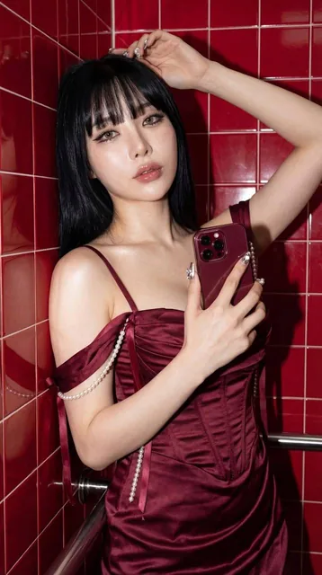 An ultra-realistic cinematic fashion editorial photo of a young woman taking a mirror selfie in a small bathroom with glossy deep red tiled walls. She wears a dark burgundy satin corset dress with pearl detailing and holds a dark red iPhone. The image features soft flash lighting, high contrast, and