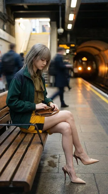 A realistic image of a young woman sitting alone on a London Underground platform bench on a calm Wednesday morning in March 2025. She wears stylish spring clothing with polished makeup. The photo has shallow depth of field with blurred background commuters and glowing train lights in the tunnel.