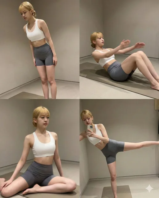 A 2x2 grid collage of a beautiful blonde woman performing various Pilates exercises in casual gym wear. The images have a low-quality smartphone aesthetic with grain, blur, and imperfect framing, capturing a realistic workout atmosphere.