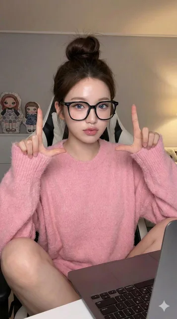 A photorealistic portrait of a Korean young woman with fair dewy skin, blue eyes, and pink glossy lips sitting on a gamer chair with a laptop. She wears oversized black glasses and a pink fuzzy sweater, making an 'L' sign with both hands in warm indoor lighting against a soft grey background with he