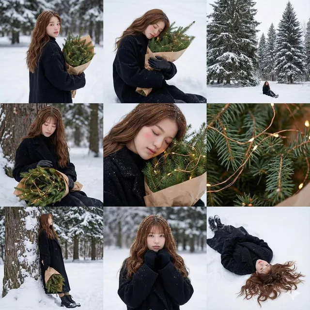 A young Caucasian woman with long dark hair in a serene winter forest, holding a bouquet of fir branches with fairy lights, captured in various cinematic poses.