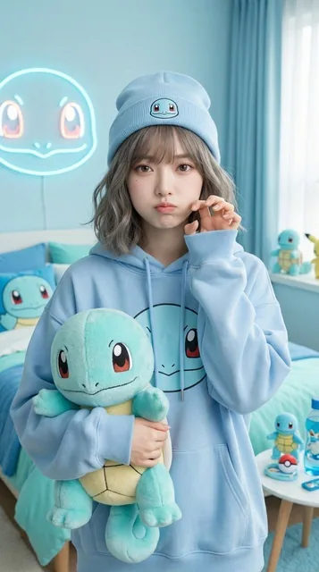 A photorealistic portrait of a young woman with light brown wavy hair and soft makeup, wearing an oversized yellow Pikachu hoodie and beanie, holding a large fluffy Pikachu plush in a bright yellow bedroom with Pikachu-themed decor and a glowing neon Pikachu outline on the wall.