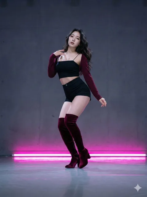 A young Asian female K-pop idol dancer in a dynamic pose, wearing a black crop top, hot pants, and deep burgundy thigh-high boots, performing in a minimalist studio with a glowing magenta LED light strip on a dark grey wall.