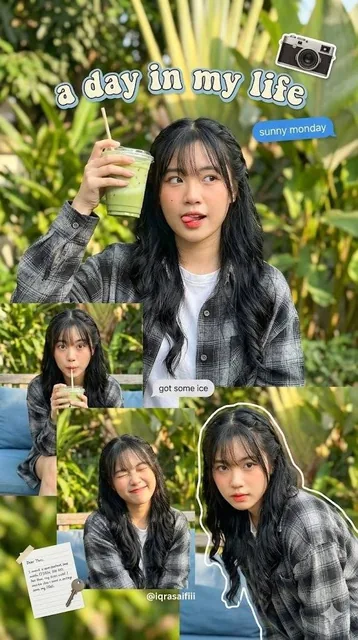 A vertical 9:16 composition featuring four overlapping photographic panels of a young Asian woman in a summer setting, with mixed media overlays including text stickers, doodles, and vintage graphics, all set against a blurred green foliage background.